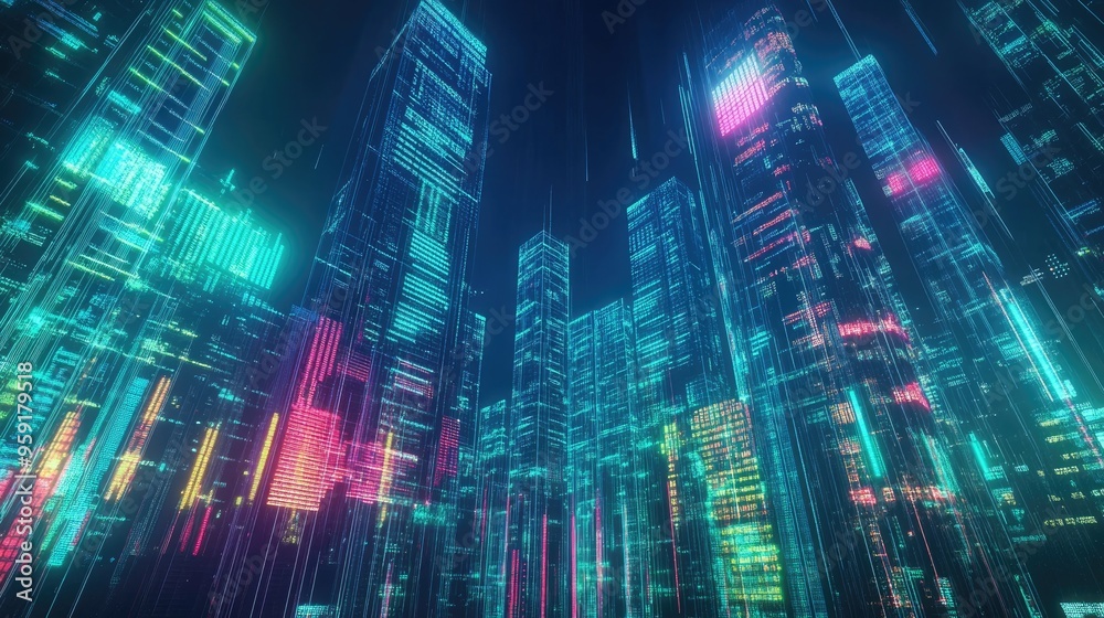Multi exposure of a virtual creative financial chart hologram overlaying skyscrapers symbolizing research and analytics in an urban environment Multi exposure of a virtual creative financial chart hologram overlaying skyscrapers symbolizing research and analytics in an urban environment
