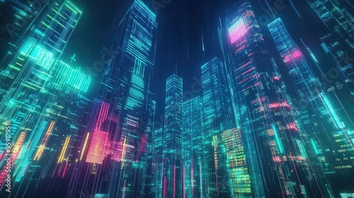 Multi exposure of a virtual creative financial chart hologram overlaying skyscrapers symbolizing research and analytics in an urban environment