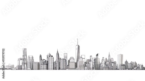 Minimalist line illustration of a city skyline on a solid white background 32k, full ultra hd, high resolution