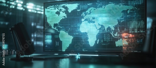 Double exposure of a desktop featuring a computer and a holographic world map representing the concept of a global data network photo