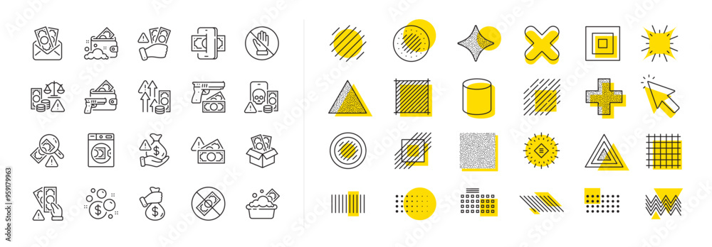 Fraud, Online thief and Steal cash set. Design shape elements. Money crime line icons. Phishing robbery, launder money crime and tax offense line icons. Vector Fraud, Online thief and Steal cash set. Design shape elements. Money crime line icons. Phishing robbery, launder money crime and tax offense line icons. Vector