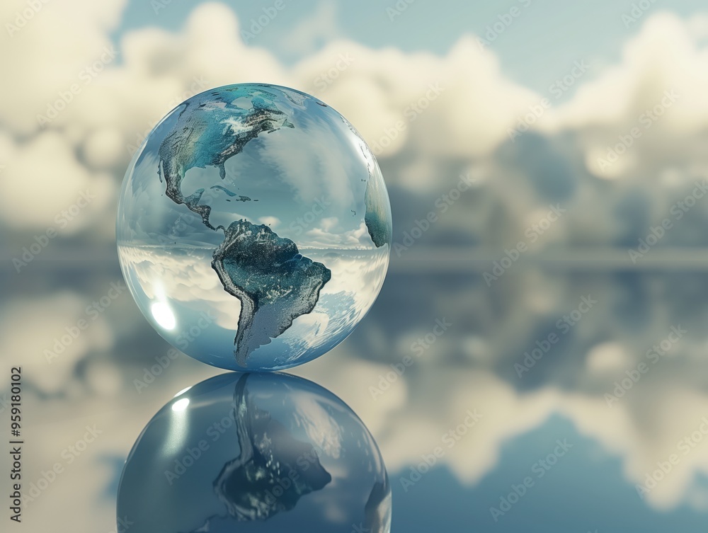 Realistic 3D Render of Earth as a Transparent Glass Sphere Reflecting Clouds and Sky
Realistic 3D Render of Earth as a Transparent Glass Sphere Reflecting Clouds and Sky