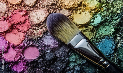 A Makeup Brush on a Palette of Colorful Eyeshadows photo