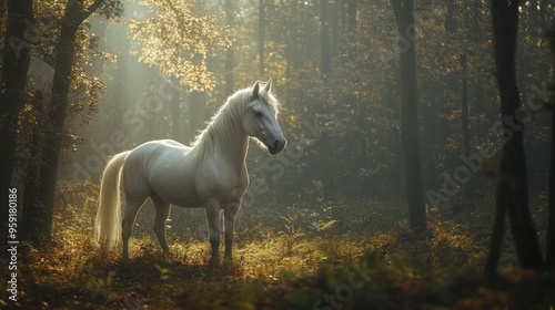White Horse in the Misty Forest