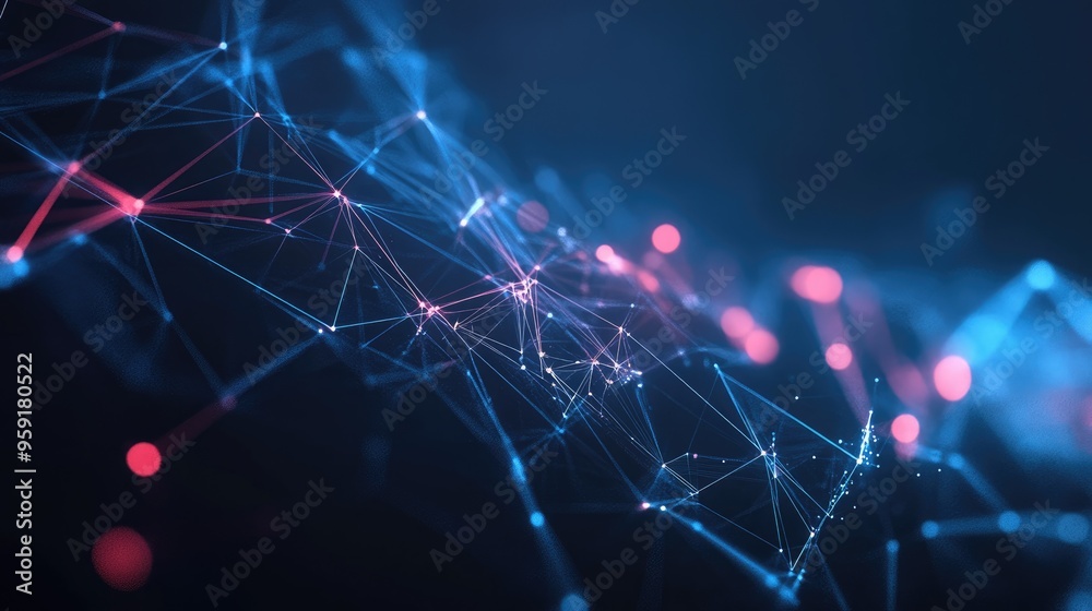 Obraz premium Futuristic abstract design featuring polygonal shapes on a dark blue background representing digital technology concepts in a 3D illustration