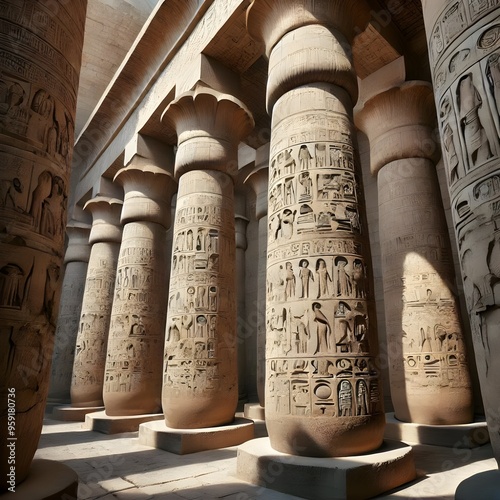 Majestuosas columnas egipcias antiguas con jeroglíficos tallados, representando la grandeza de la arquitectura faraónica. photo