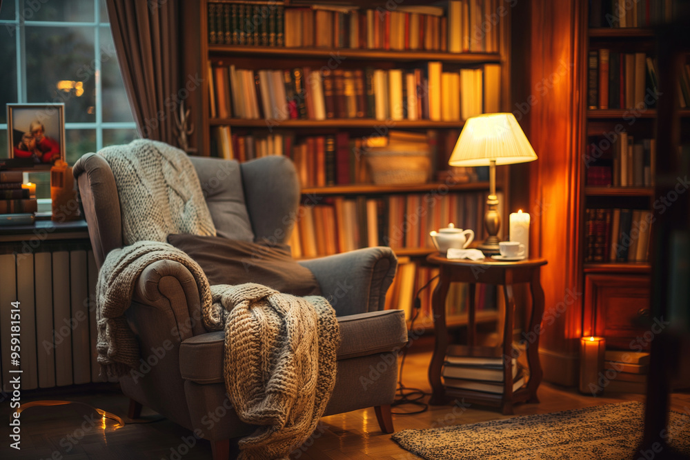 Quiet reading nook featuring a comfortable armchair, a side table with a cup of tea, and a bookshelf filled with books. Soft lighting from a nearby lamp creates a warm and relaxing atmosphere.
Quiet reading nook featuring a comfortable armchair, a side table with a cup of tea, and a bookshelf filled with books. Soft lighting from a nearby lamp creates a warm and relaxing atmosphere.