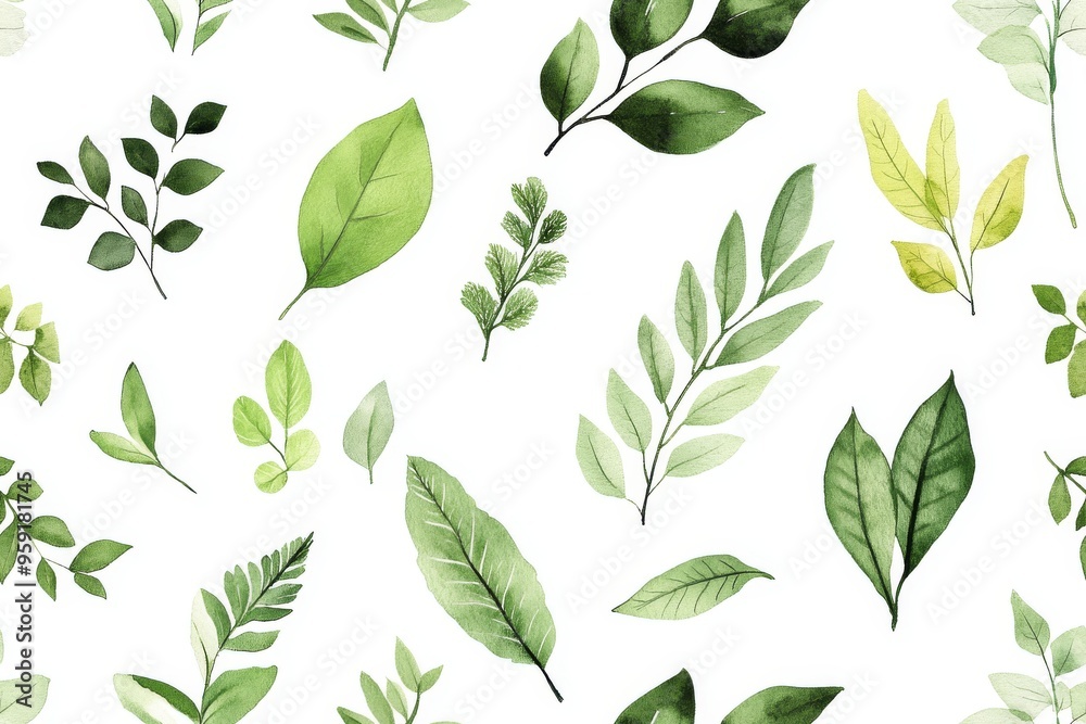 A stunning and beautiful seamless pattern that features a diverse variety of natural green leaves, skillfully showcasing their freshness and vibrant vitality through an exquisite watercolor design