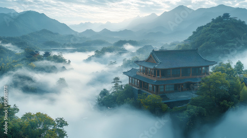 A traditional Chinese building sits atop a mountain, shrouded in mist and surrounded by lush greenery.