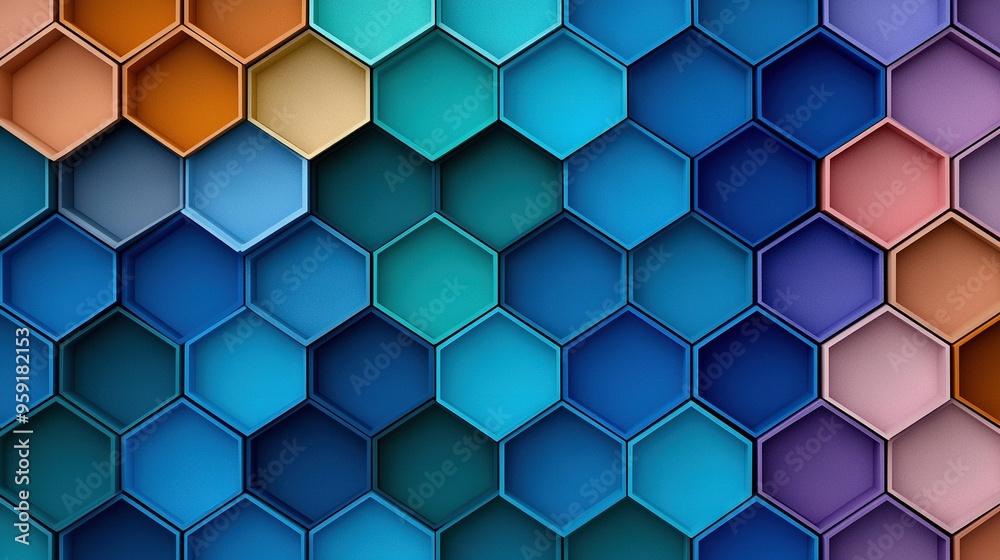 A hexagonal pattern in various shades of blue, orange, pink, and green, featuring multiple hexagons A hexagonal pattern in various shades of blue, orange, pink, and green, featuring multiple hexagons