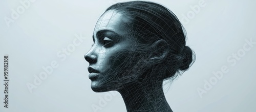 Fototapeta Naklejka Na Ścianę i Meble -  3D wireframe representation of a young woman s head on a plain background symbolizing technology cyborgs digital identity avatars science fiction and abstract concepts