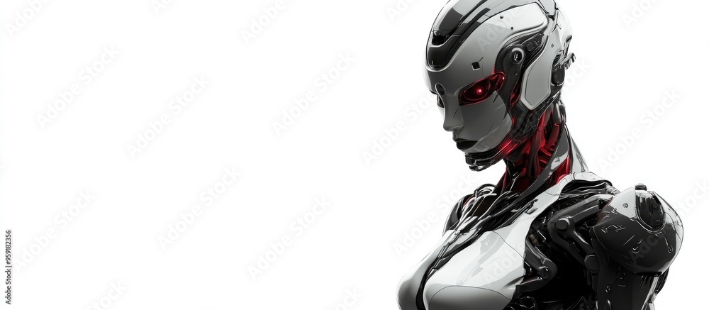 Female cyborg in armor standing against a white background showcasing a sci fi aesthetic in a 3D rendering Female cyborg in armor standing against a white background showcasing a sci fi aesthetic in a 3D rendering