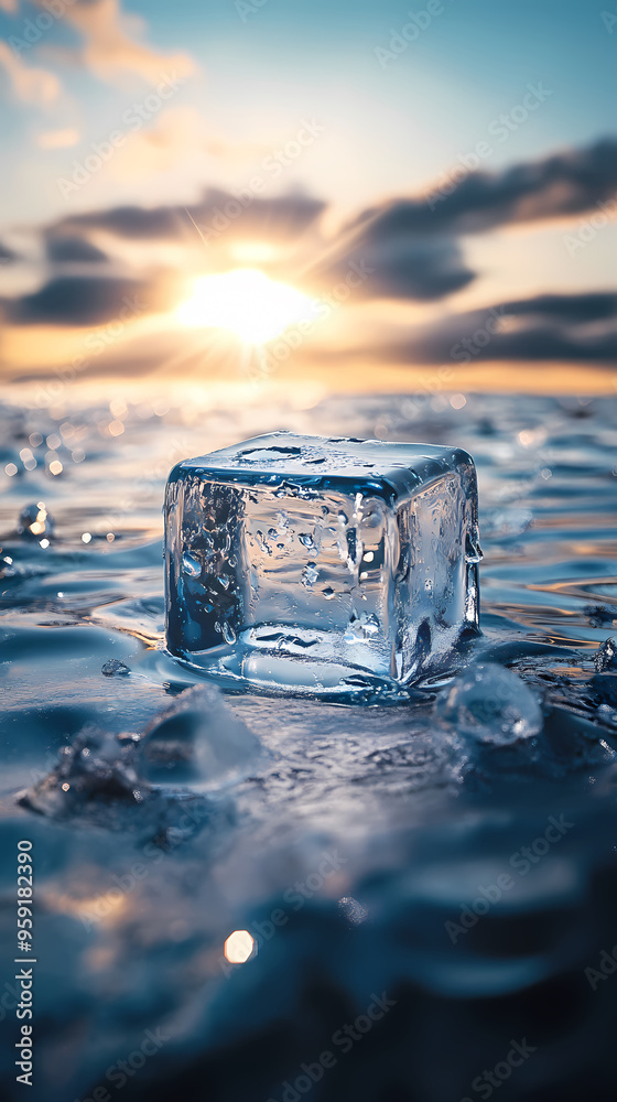 Ice block reflecting sunlight on an icy surface
