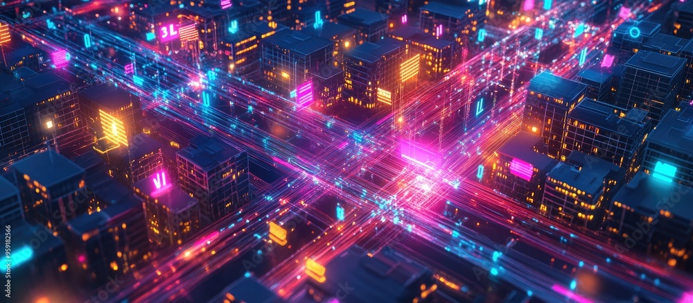 Vibrant Network Transport Signals Navigating a 3D Digital City Concept Enhanced by Data Signals in a Residential Area with 5G High Speed Automation Vibrant Network Transport Signals Navigating a 3D Digital City Concept Enhanced by Data Signals in a Residential Area with 5G High Speed Automation