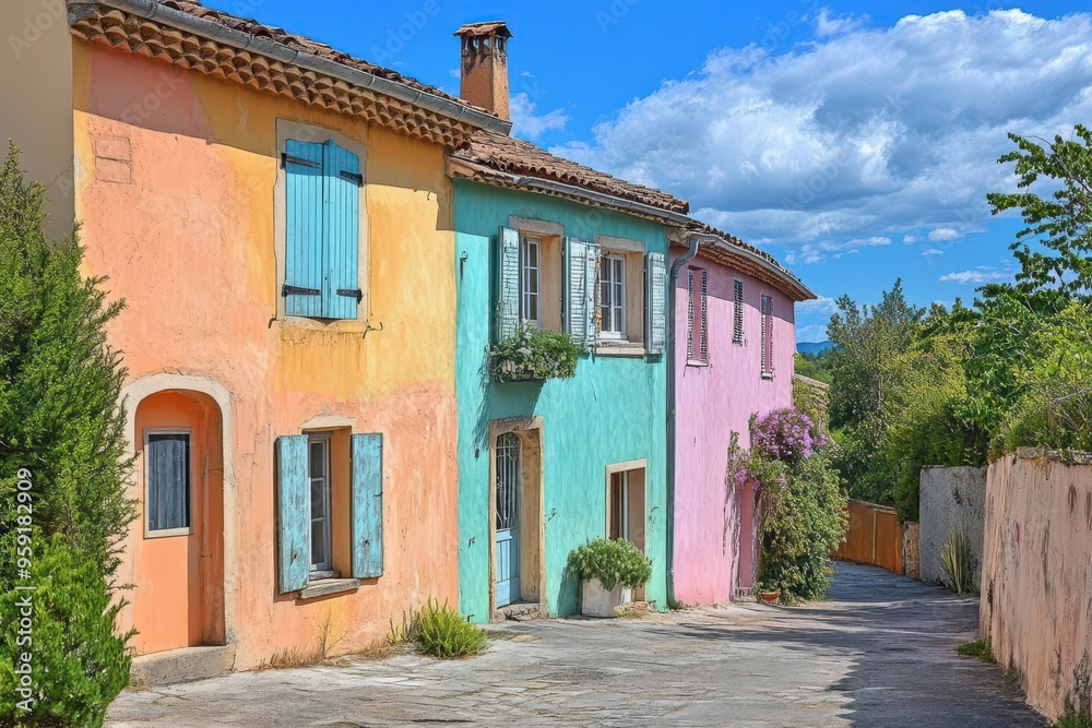 Colorful pastel houses line a charming street in a sunny village Colorful pastel houses line a charming street in a sunny village