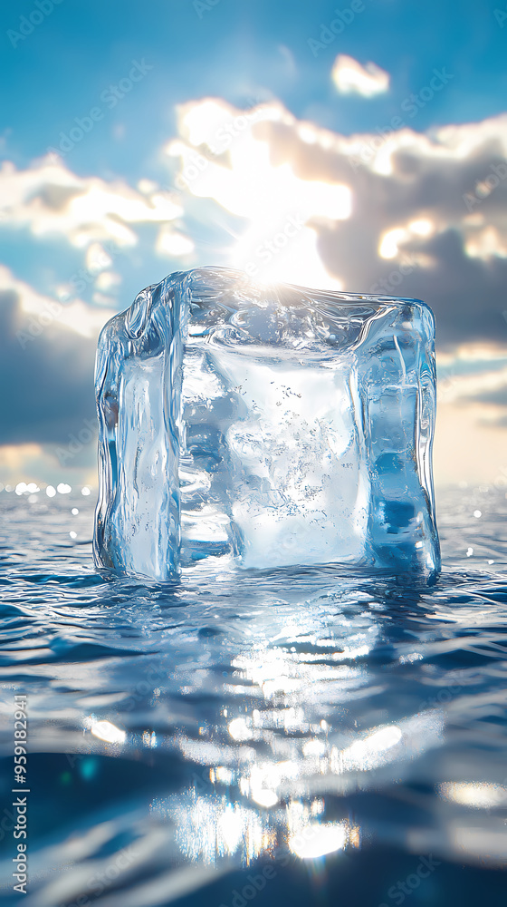 Ice block reflecting sunlight on an icy surface Ice block reflecting sunlight on an icy surface