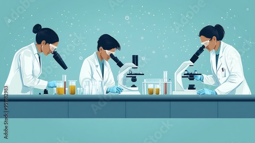 Medical Research Vector graphics showing scientists working a lab with microscopes test tubes and research equipment photo