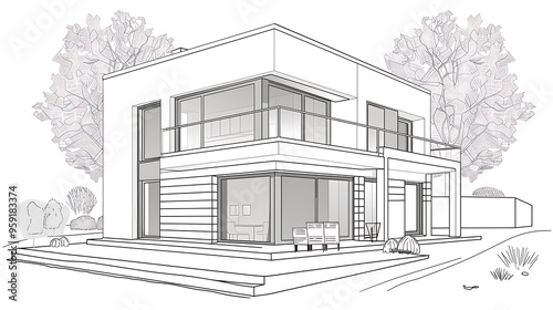 Modern abstract house Line Illustration isolated on solid white background. 32k, full ultra HD, high resolution