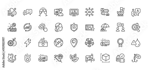 Ph neutral, Orange and Fishing lure line icons pack. AI, Question and Answer, Map pin icons. Chemistry lab, Presentation, Bitcoin system web icon. Vector