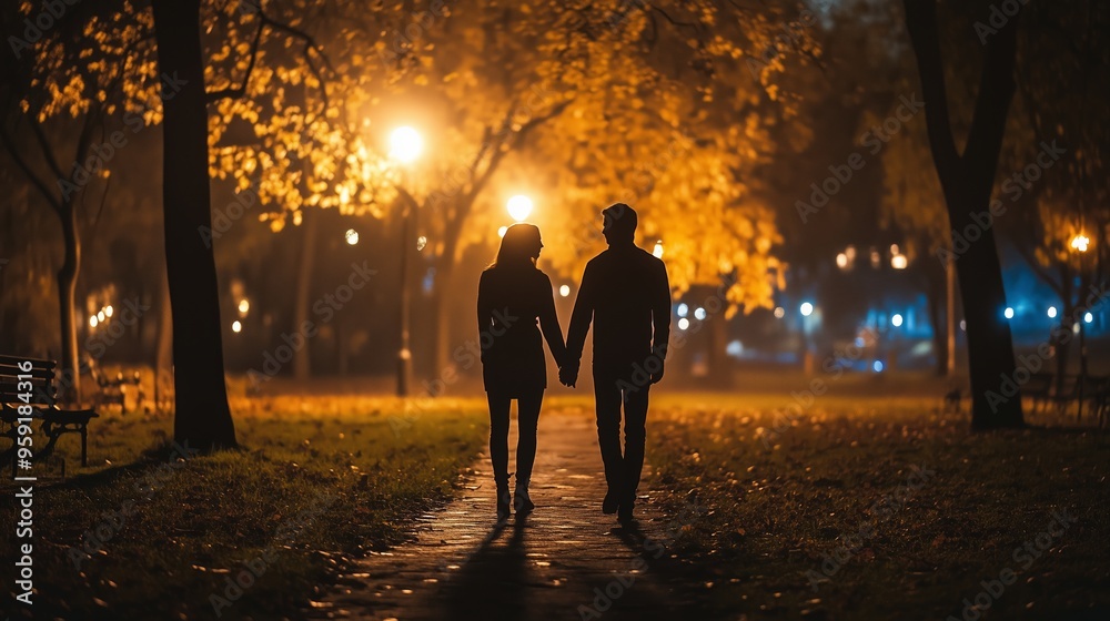 Couple walking hand in hand along a lit path in a park surrounded by autumn foliage during a serene evening Couple walking hand in hand along a lit path in a park surrounded by autumn foliage during a serene evening