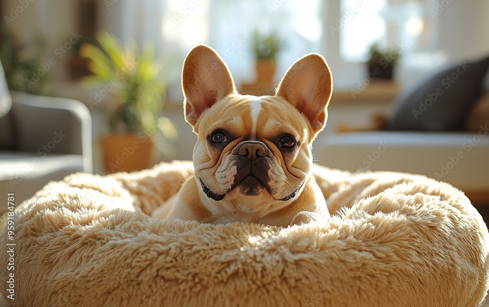 A French bulldog looks directly at the camera while relaxing in a fluffy bed. A French bulldog looks directly at the camera while relaxing in a fluffy bed.