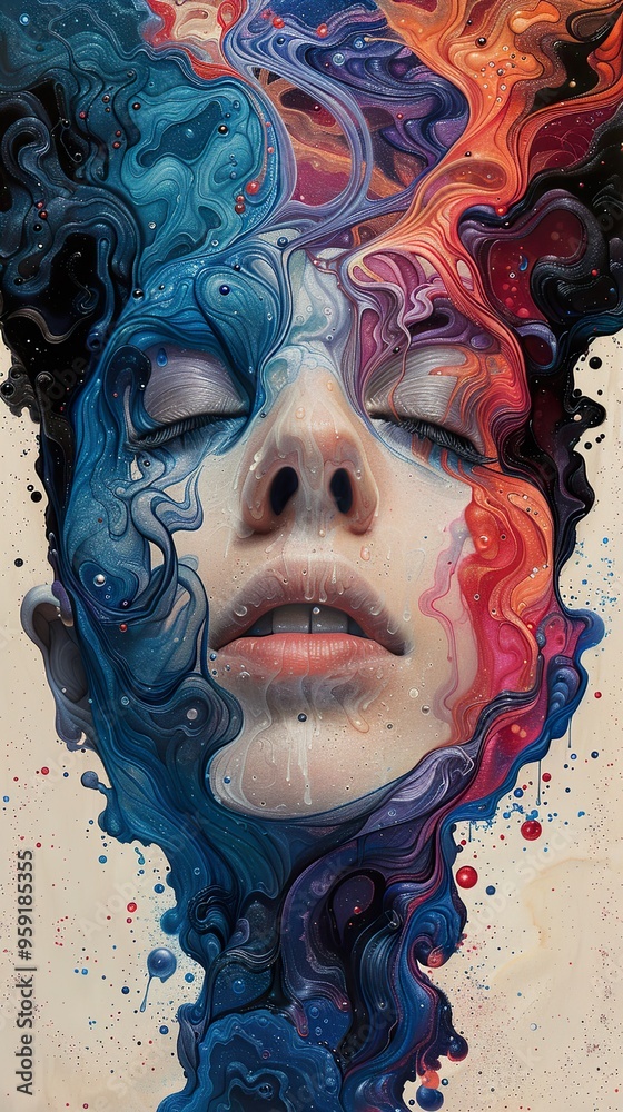 Fototapeta premium A woman's face with closed eyes is painted in vibrant, swirling colors, creating a surreal and dreamlike effect.