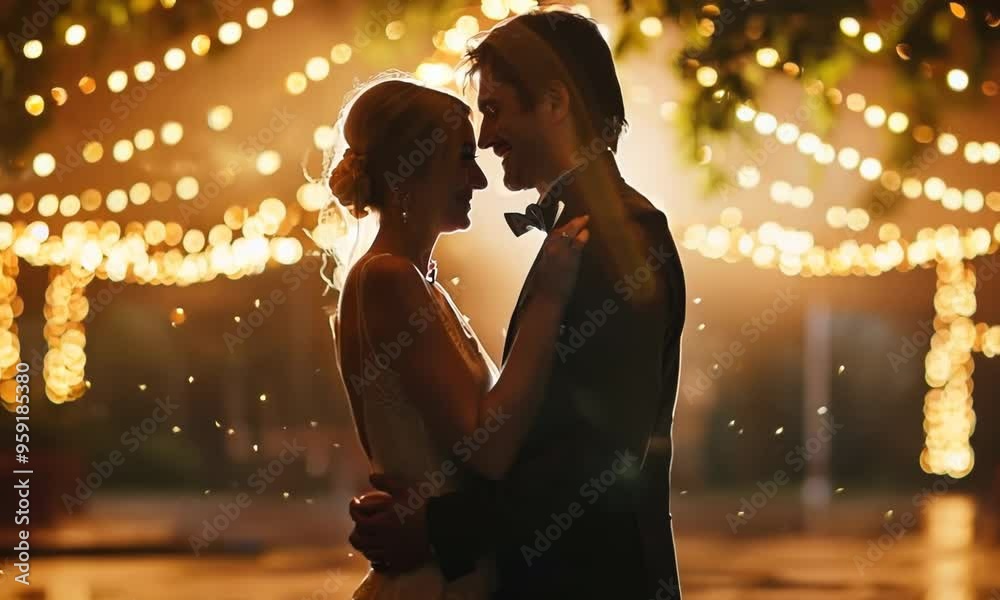 A couple slow dancing under the soft glow of string lights, lost in the romance of the moment. Video A couple slow dancing under the soft glow of string lights, lost in the romance of the moment. Video