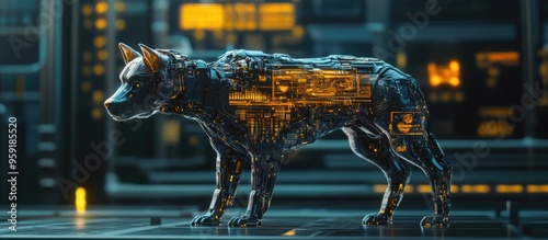 Cyber dog assumes an alert stance showcasing a detailed 3D illustration photo