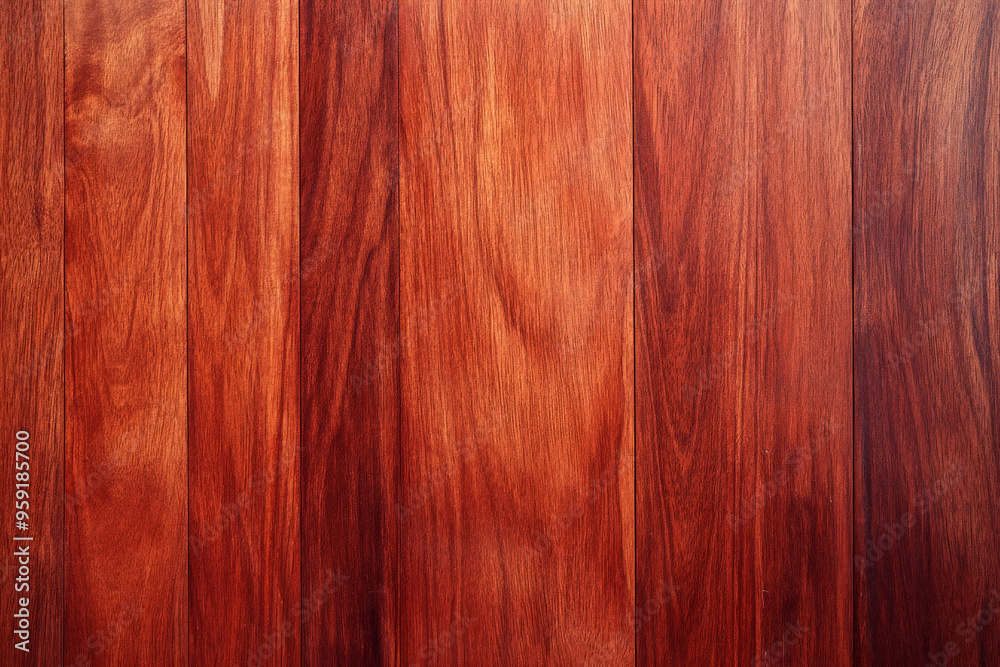 Naklejka premium Smooth cherry wood backdrop with a rich, reddish-brown hue and a glossy finish. The wood grain is minimal, creating a sleek, modern look that radiates warmth and elegance, ideal for a luxurious,