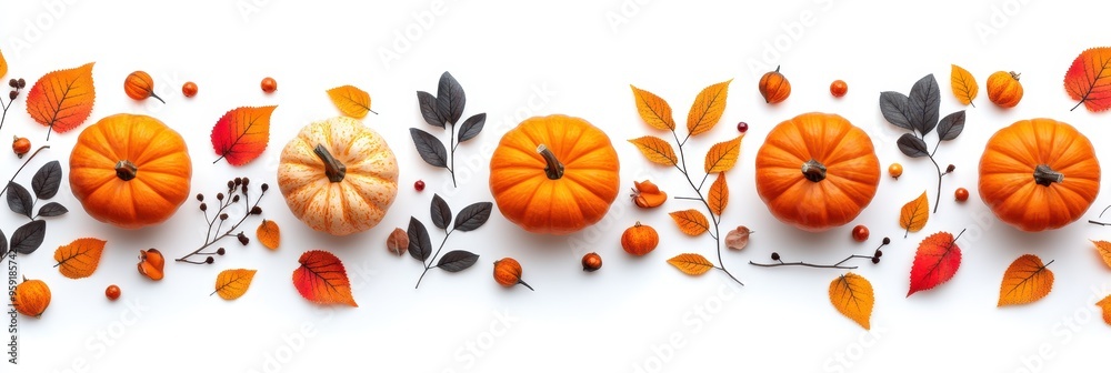Autumn harvest aesthetic: vibrant pumpkins and leaves on white background Autumn harvest aesthetic: vibrant pumpkins and leaves on white background