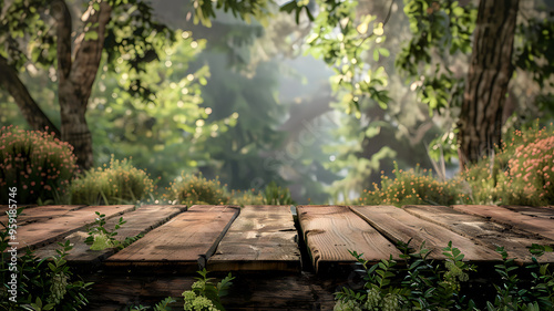 Rustic wooden surfaces set in peaceful, sunlit forest scenes, surrounded by lush greenery, ideal for nature-inspired backgrounds