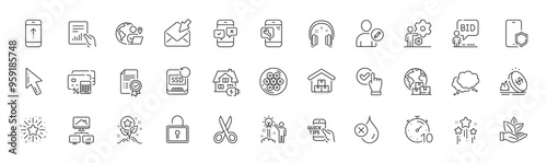 Storage, Organic product and Job line icons. Pack of Phone protect, Home charging, Checkbox icon. Open mail, Phone survey, Lock pictogram. Certificate, Stars, Cable section. Recovery ssd. Vector