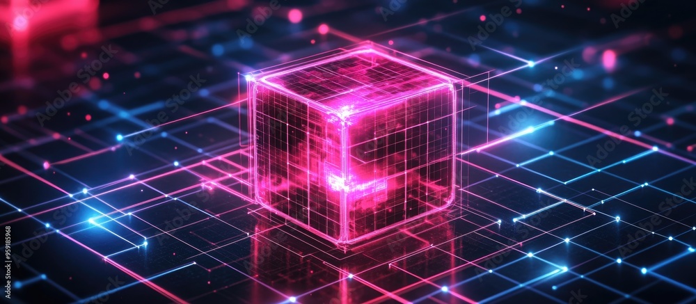 3D neon isometric hexagon cubes transforming into an interconnected puzzle box over a grid background 3D neon isometric hexagon cubes transforming into an interconnected puzzle box over a grid background