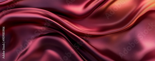 An abstract background with silky, 3D wave patterns in a gradient from rich burgundy to soft pink. The fabricâ€™s texture adds depth and a luxurious feel to the scene.