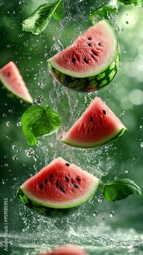 Fresh watermelon slices with splashing water and mint leaves