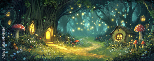 A whimsical cartoon backdrop of an enchanted forest with towering trees, glowing mushrooms, and a winding path leading to a hidden cottage. The scene is magical and mysterious. photo