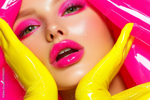 Glamorous makeup model with pink lips and yellow gloves