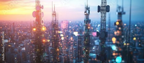 Wallpaper Mural Cellular technology 3G 4G and 5G base stations telecommunication towers and wireless communication antenna transmitters in urban communication system development Torontodigital.ca