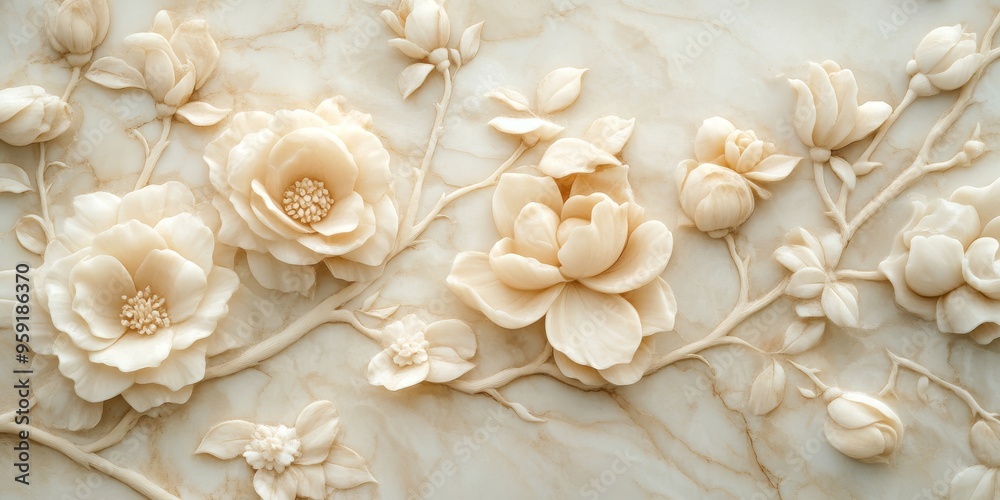 This is a stunning 3D relief sculpture that showcases intricate floral designs, fully embodying elegance and artistry in the natural forms and textures that it beautifully represents