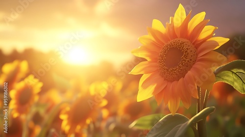 A sunflower field illuminated by the golden rays of the rising sun.






