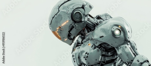 Futuristic mech soldier depicted against a plain background This military robot features green and gray metal with scratched armor showcasing pilot controlled technology 3D rendering