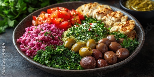 Bowl of Mediterranean Salad with Grilled Halloumi and Olives