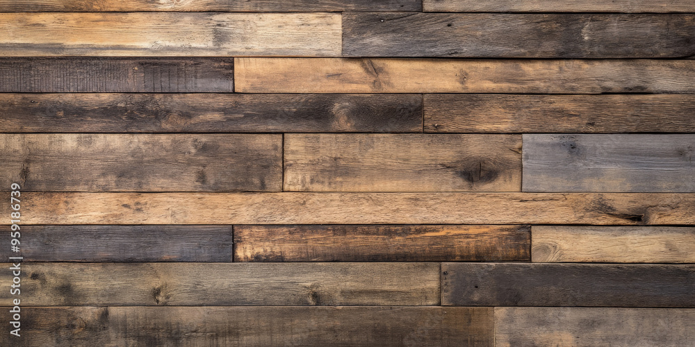 Naklejka premium Distressed wooden backdrop made of old pallet wood in various shades of brown and gray. The planks are unevenly cut with rough textures, nails, and cracks visible, giving a raw, industrial feel with a