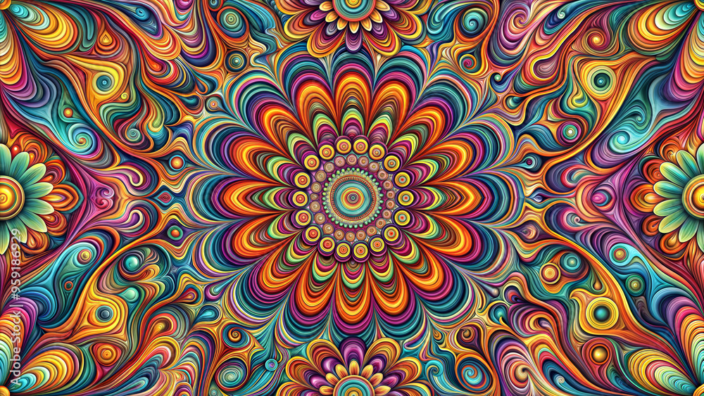 Vibrant abstract floral mandala design with swirling patterns and vivid colors Vibrant abstract floral mandala design with swirling patterns and vivid colors