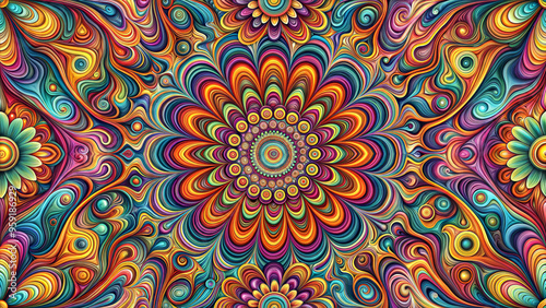 Vibrant abstract floral mandala design with swirling patterns and vivid colors