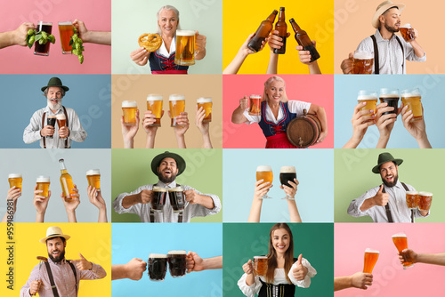 Group of German people with tasty beer on color background. Octoberfest celebration