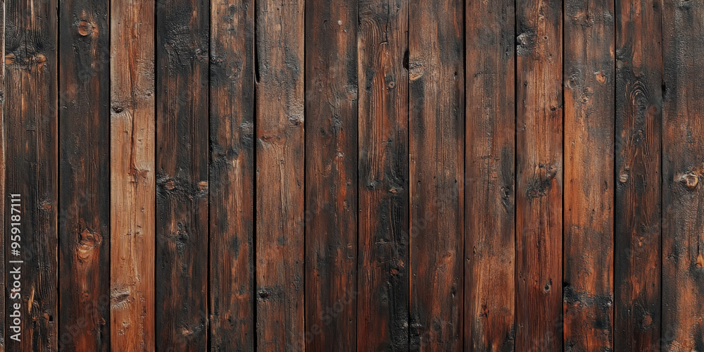 Naklejka premium Rough-hewn wooden backdrop featuring raw, unfinished planks with a dark, earthy brown color. The wood surface is textured with visible grain, knots, and cracks, creating a rustic, natural feel perfect