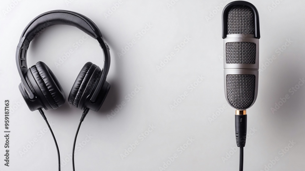 Obraz premium Black studio headphones and a silver condenser microphone lying on a white background, evoking music production, radio broadcasting or podcasting