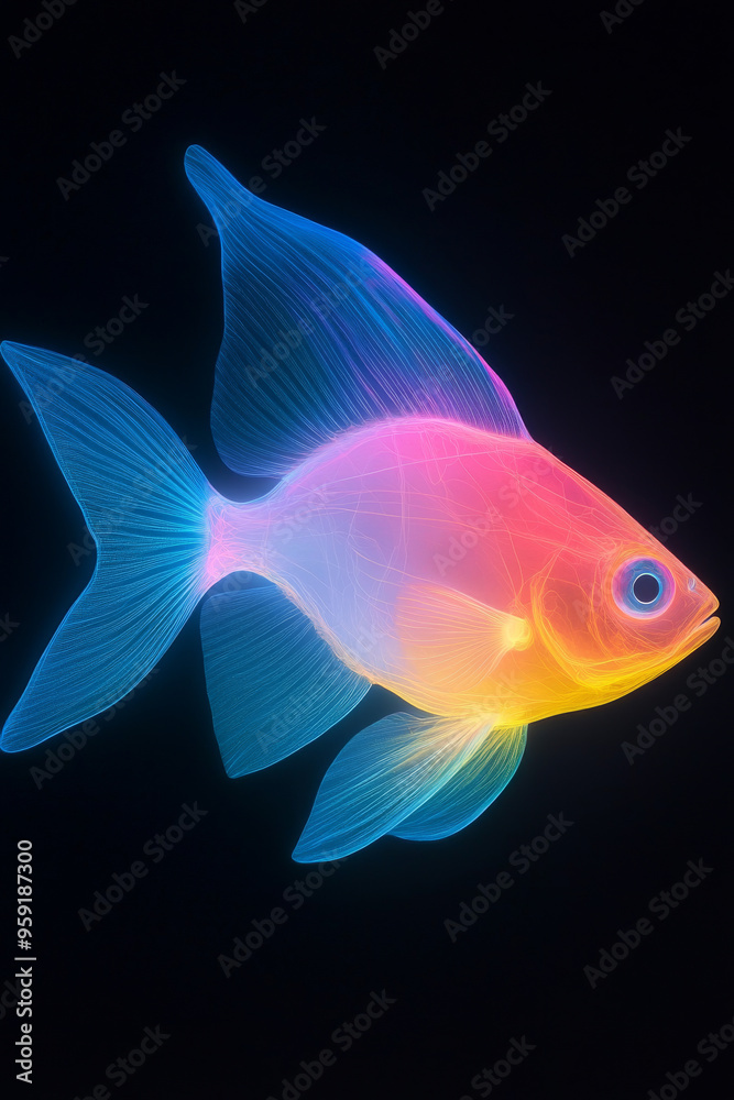 A neon-colored fish swims through a dark void, its fins glowing with iridescent hues. A neon-colored fish swims through a dark void, its fins glowing with iridescent hues.