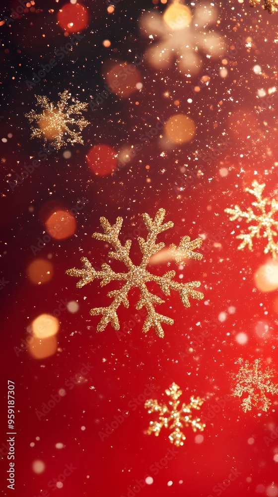 Red background with golden snowflakes, a shiny and festive atmosphere, a large area of red space at the top for text, bright lights, blurred edges, decorative elements, warm tones Red background with golden snowflakes, a shiny and festive atmosphere, a large area of red space at the top for text, bright lights, blurred edges, decorative elements, warm tones